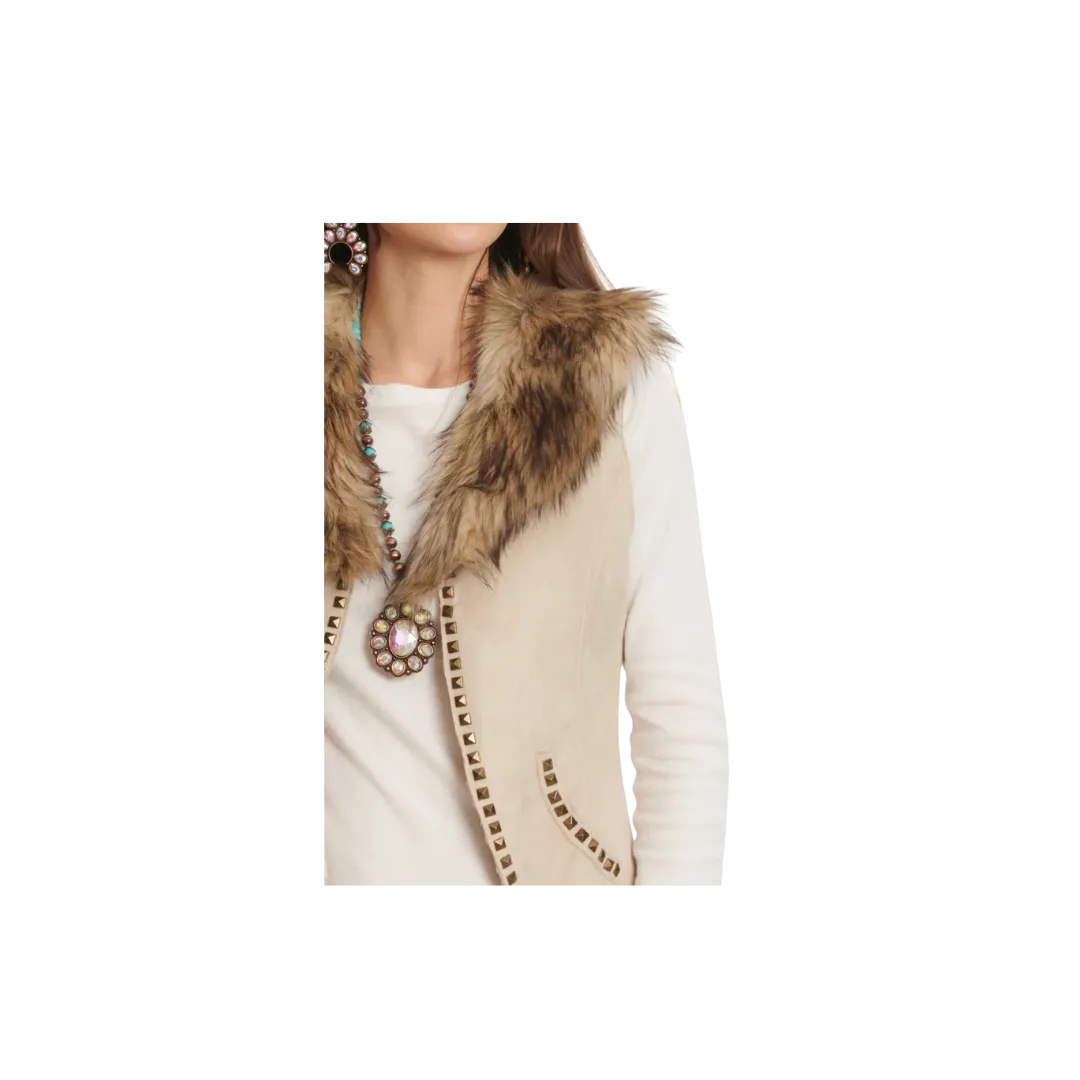 Montana Women's Faux Suede Antique Brass Studs Fur Removable Collar Creamy Vest