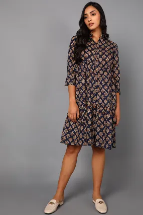 Navy Blue Cotton Ethnic Motifs Midi Dress