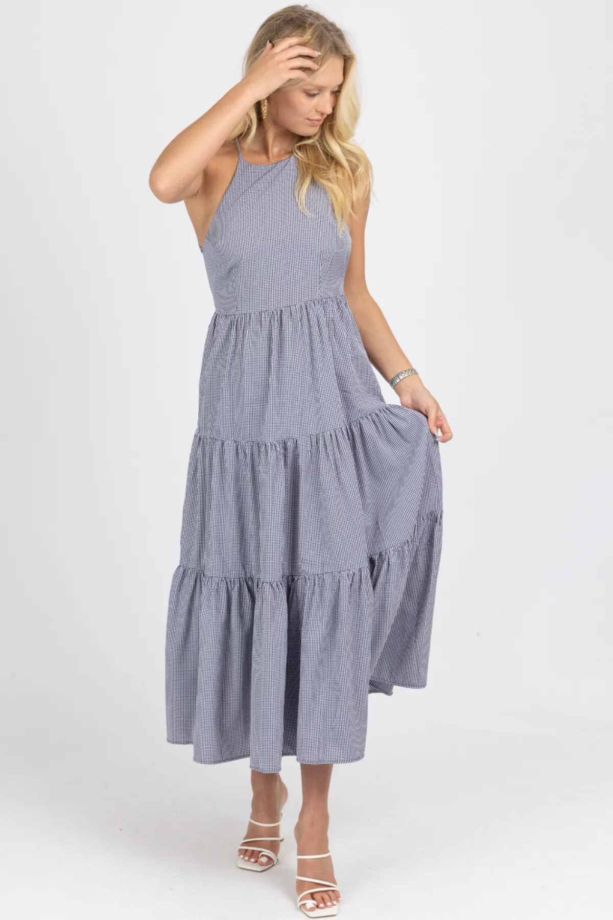 NAVY GINGHAM TIERED OPEN BACK MAXI DRESS