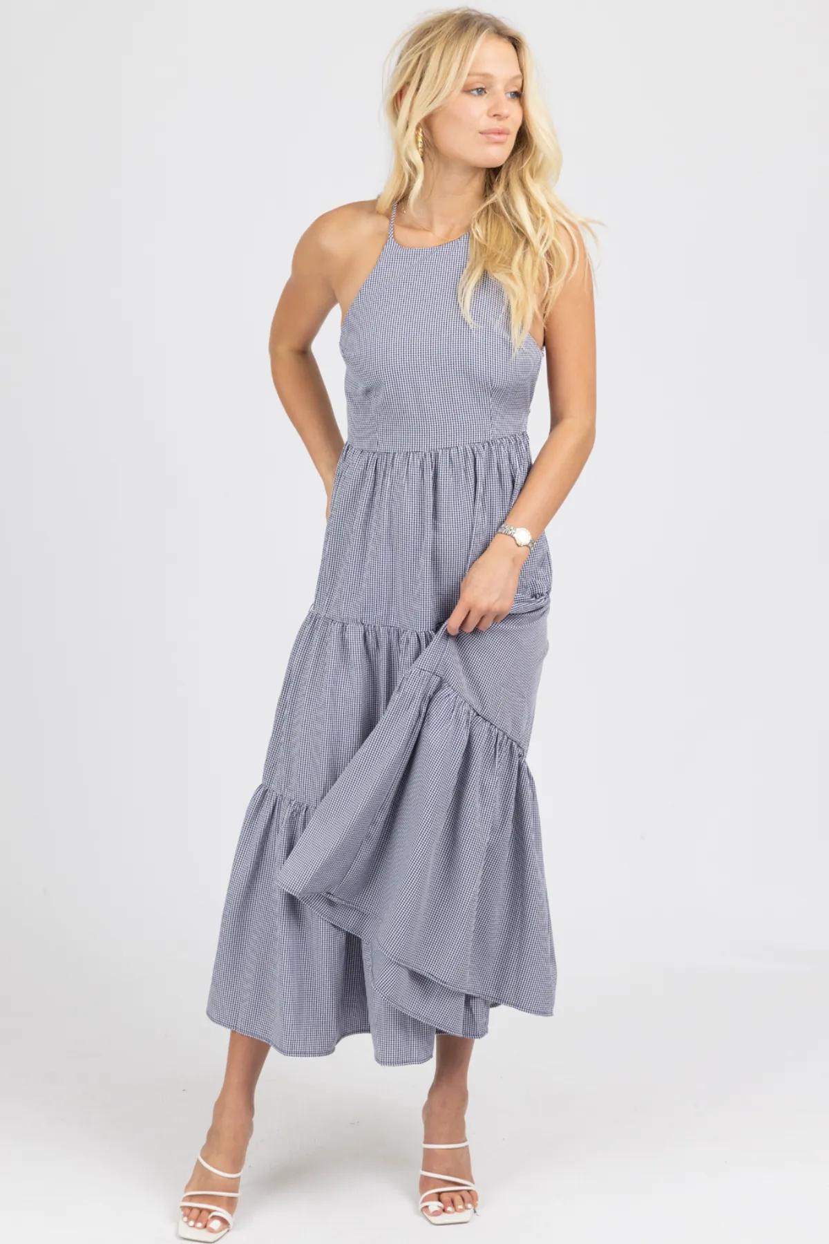 NAVY GINGHAM TIERED OPEN BACK MAXI DRESS