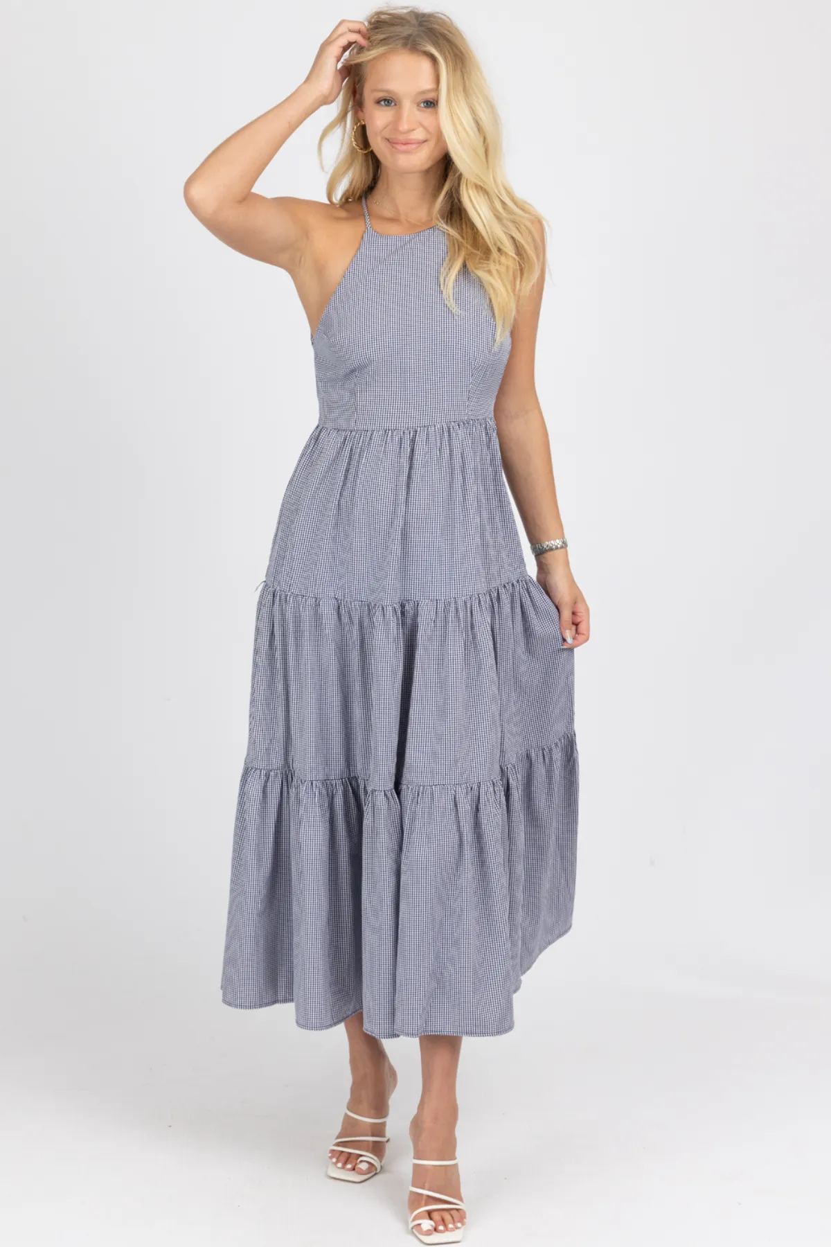 NAVY GINGHAM TIERED OPEN BACK MAXI DRESS