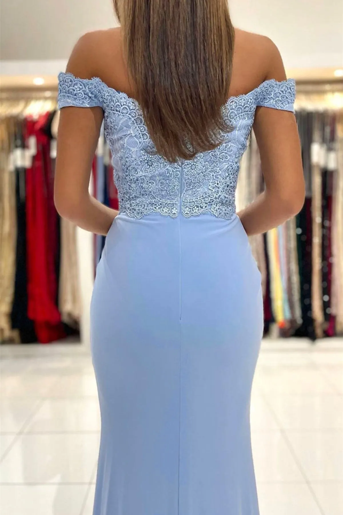 Off Shoulder Mermaid Blue Lace Long Prom Dress, Mermaid Blue Formal Graduation Evening Dress, Blue Lace Bridesmaid Dress A1492