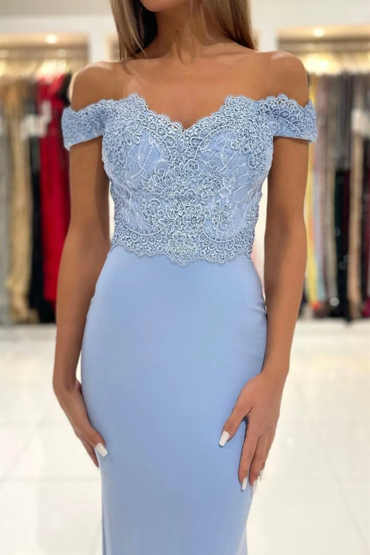 Off Shoulder Mermaid Blue Lace Long Prom Dress, Mermaid Blue Formal Graduation Evening Dress, Blue Lace Bridesmaid Dress A1492