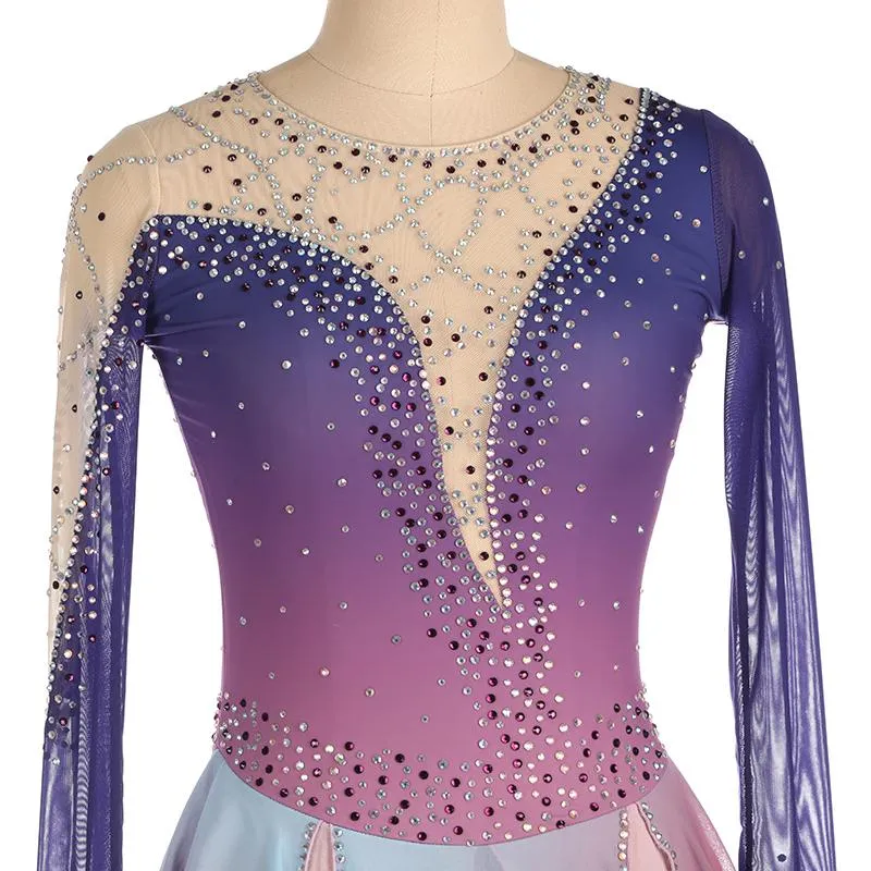 Ombre Purple Figure Skating Dress Long Sleeves BSU06082