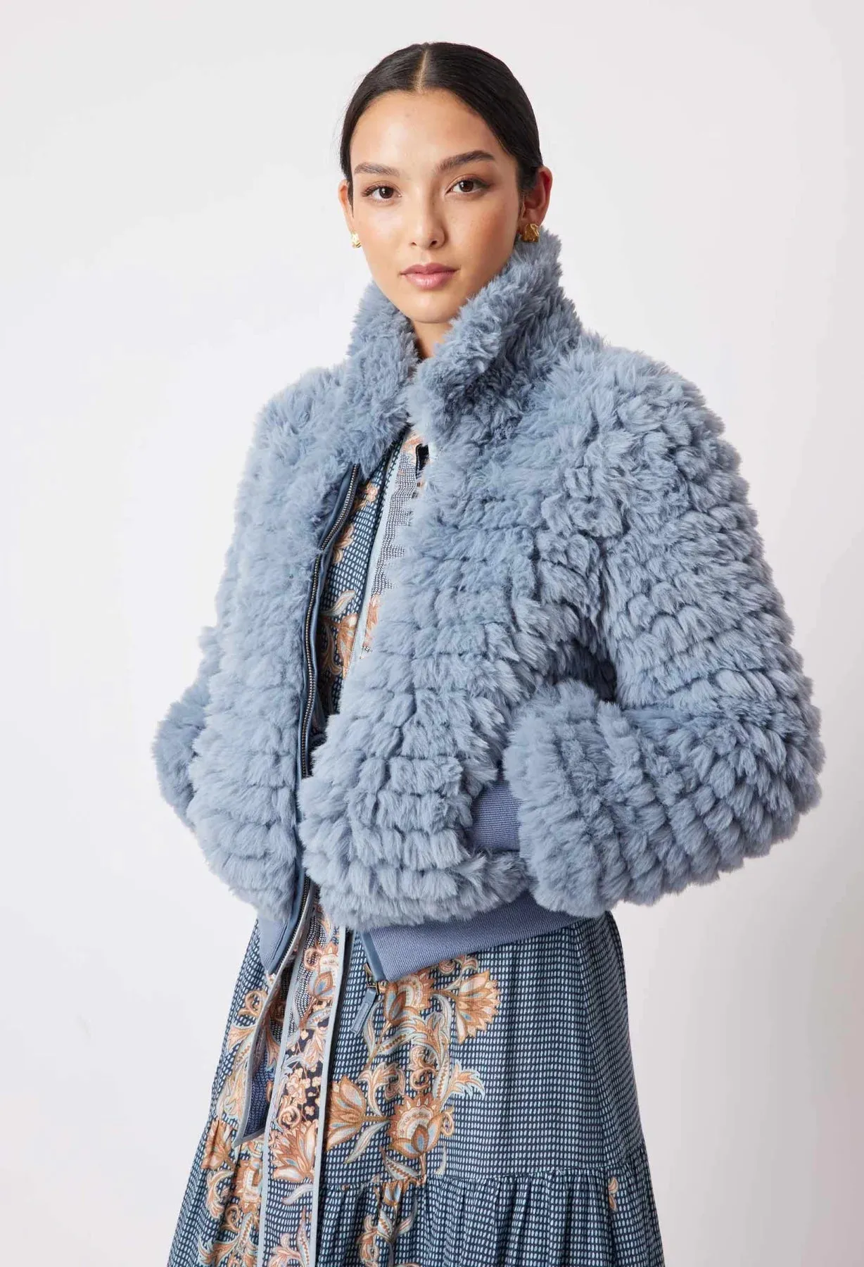 ONCE WAS TALLITHA FAUX FUR BOMBER JACKET IN SKY