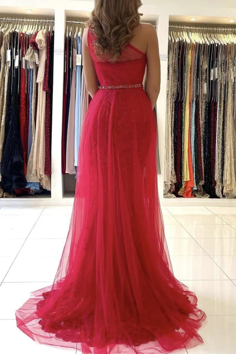 One Shoulder Mermaid Red Lace Long Prom Dress, Mermaid Red Formal Dress, Red Lace Evening Dress