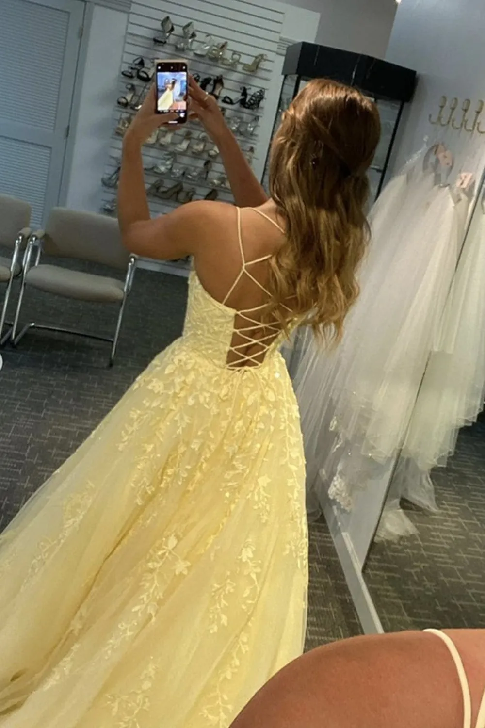 Open Back Yellow Lace Long Prom, Yellow Lace Formal, Yellow Evening