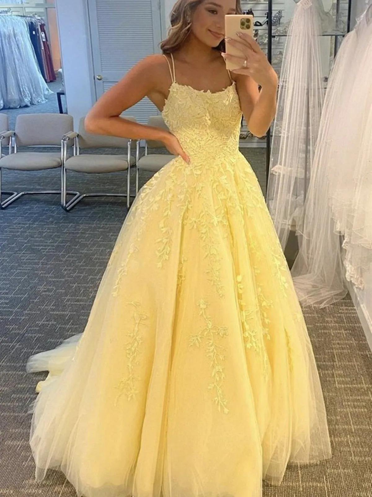 Open Back Yellow Lace Long Prom, Yellow Lace Formal, Yellow Evening