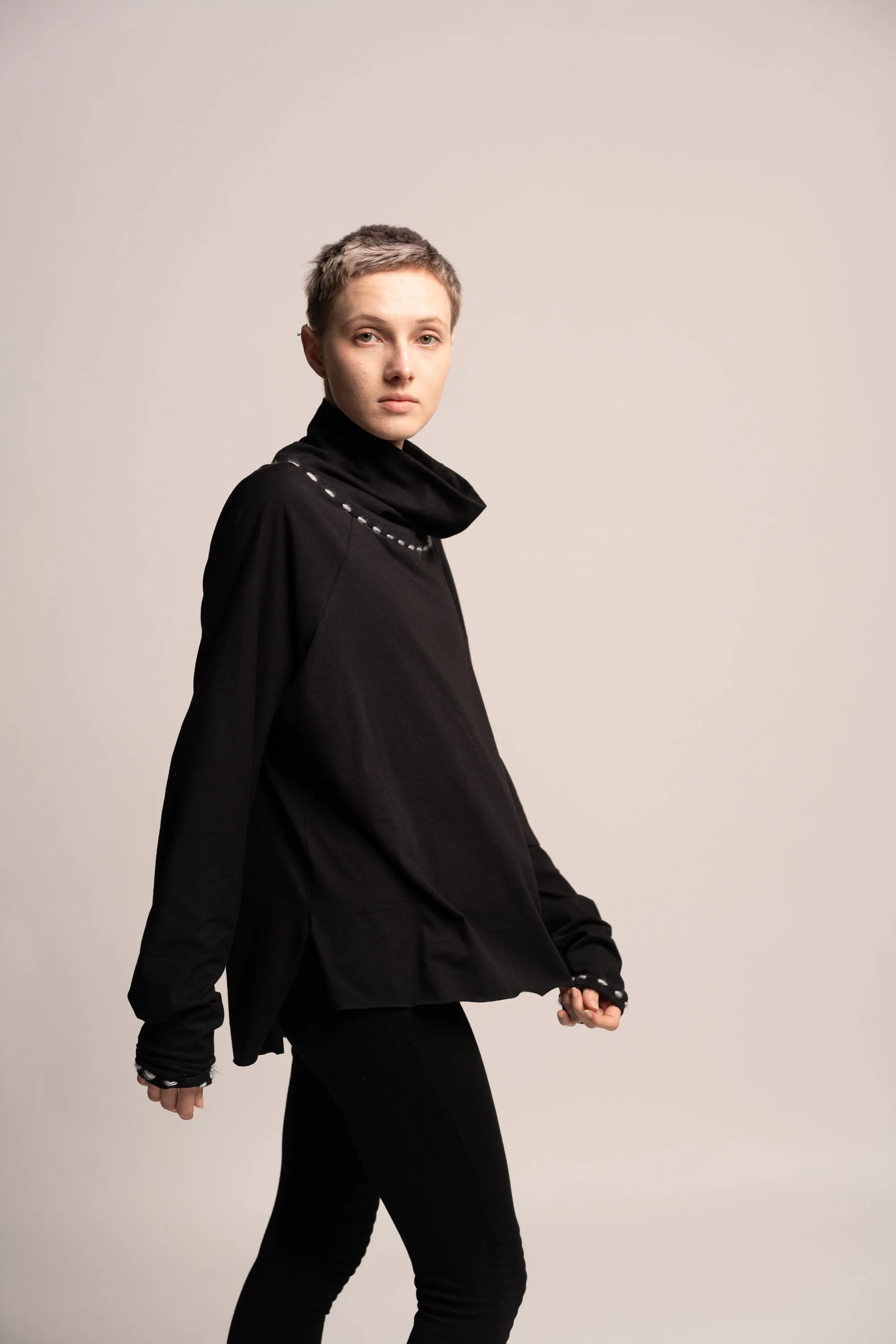 Oversize Black Turtleneck Tunic Top