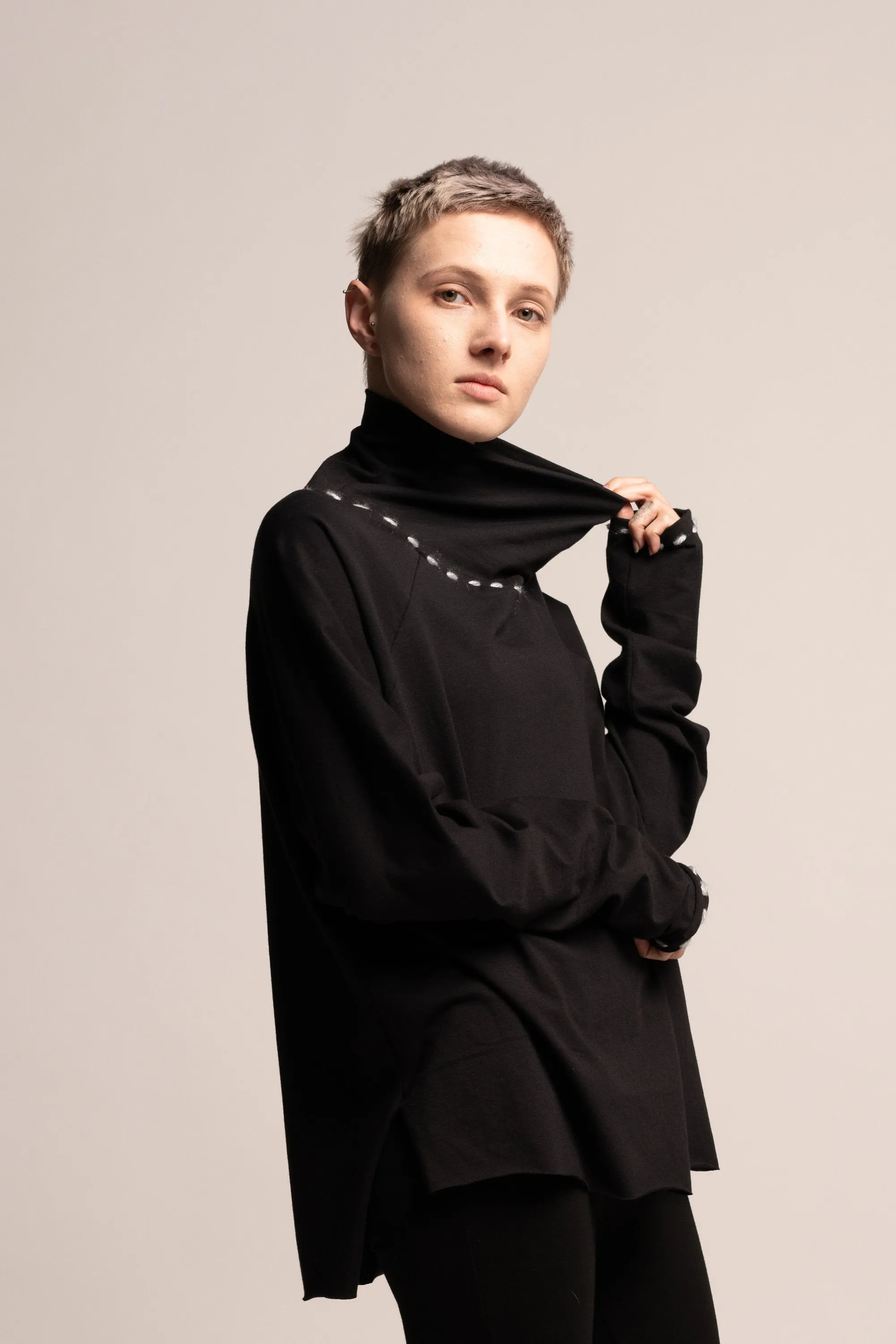 Oversize Black Turtleneck Tunic Top