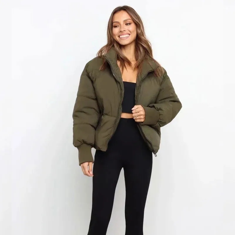 Oversized Stand Collar Side Pocket Zip Front Long Sleeve Puffer Jacket - Army Green