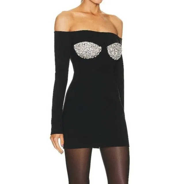 Parisse Off Shouler Crystal Embellished Mini Dress