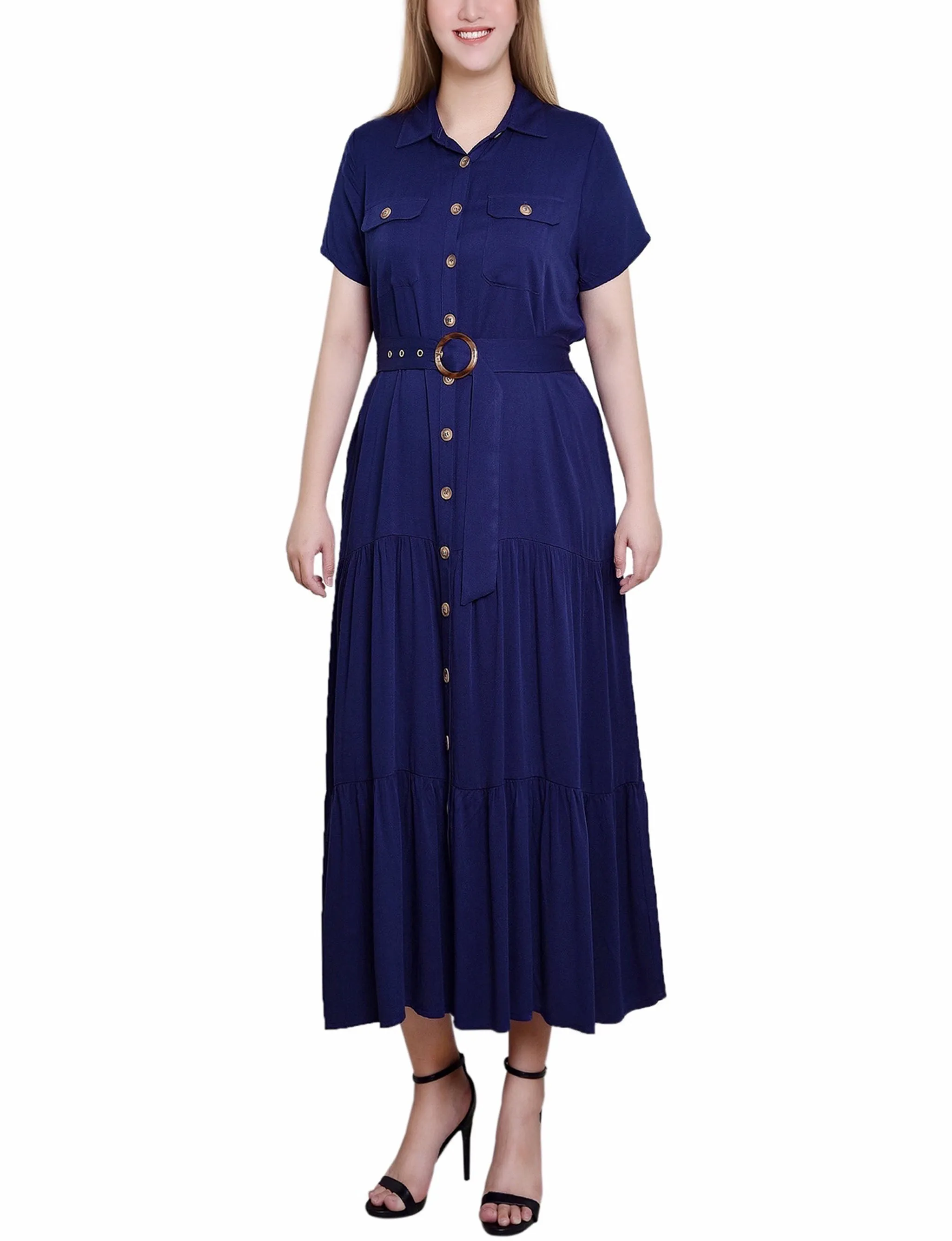 Petite Short Sleeve Midi Twill Dress