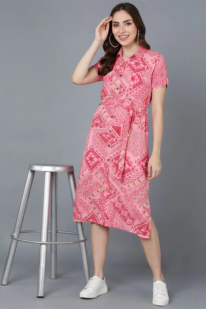 Pink Viscose Rayon Abstract Print Straight Midi Dress