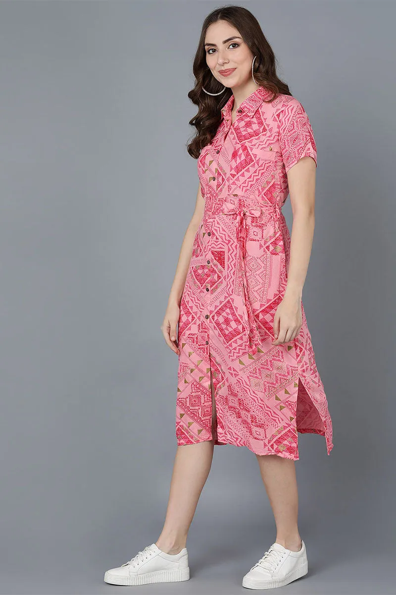 Pink Viscose Rayon Abstract Print Straight Midi Dress