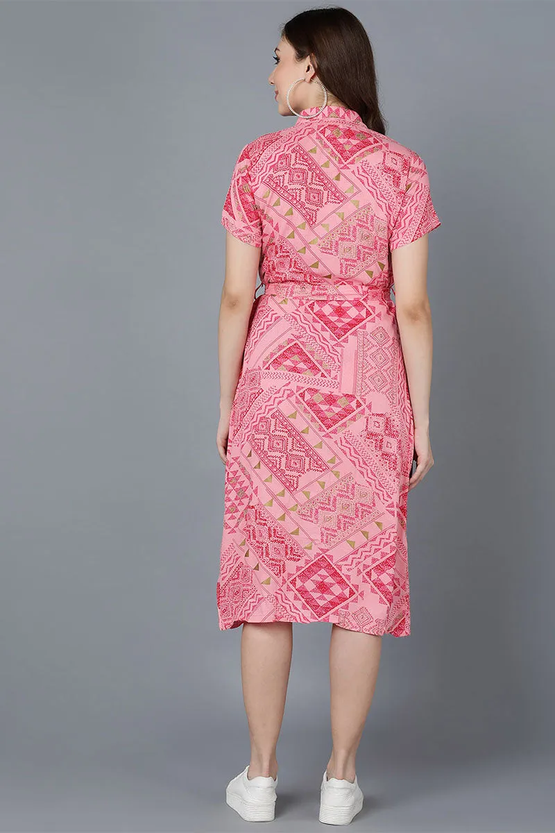 Pink Viscose Rayon Abstract Print Straight Midi Dress