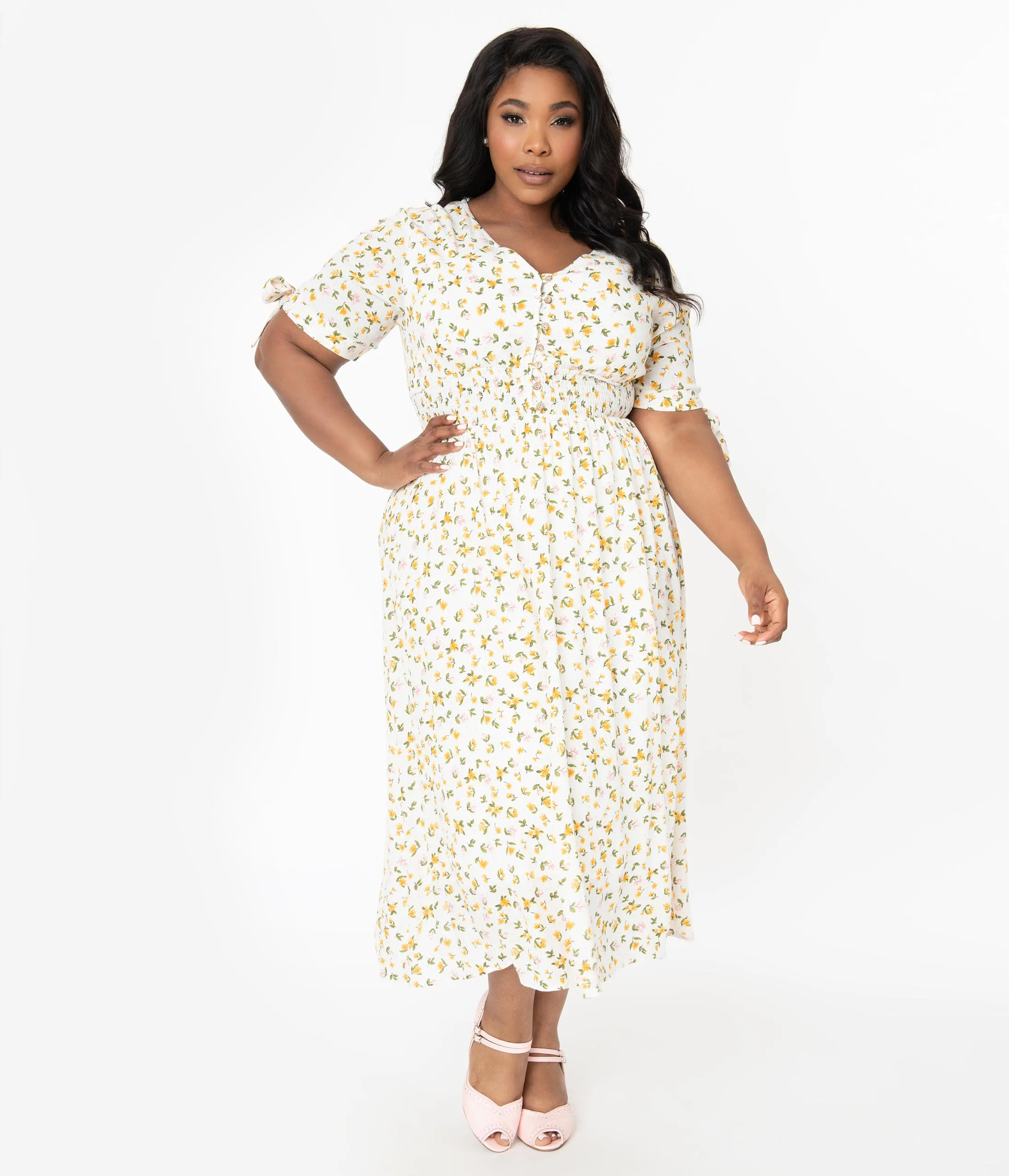 Plus Size 1970s Style Ivory & Yellow Delicate Floral Print Midi Dress