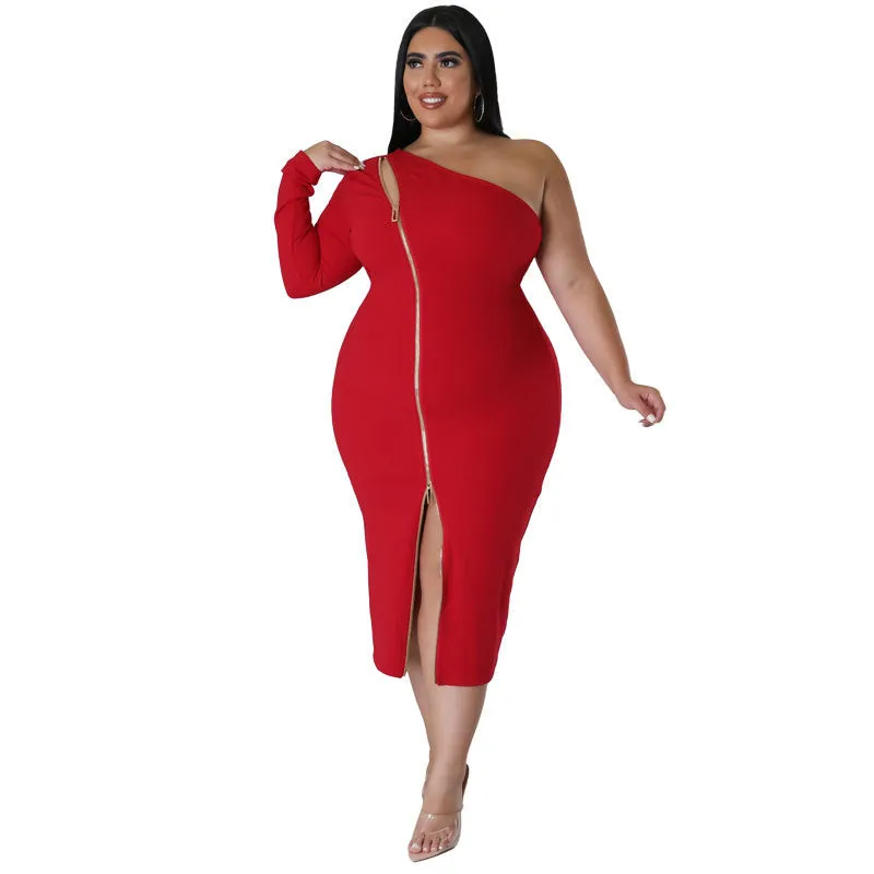 Plus Size One Shoulder Front Slit Zipper Dress