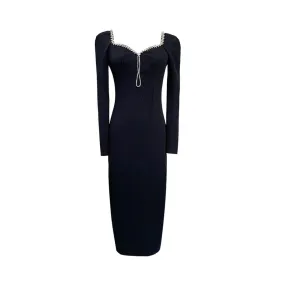 Pre Order:  Bejeweled Collar Trim Mid-Calf Dress