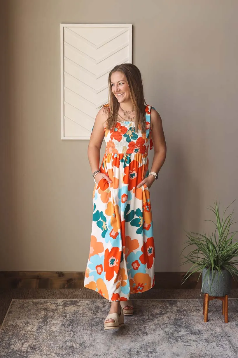 PRE-ORDER Summer Floral Self-Tie Smocked Maxi Dress