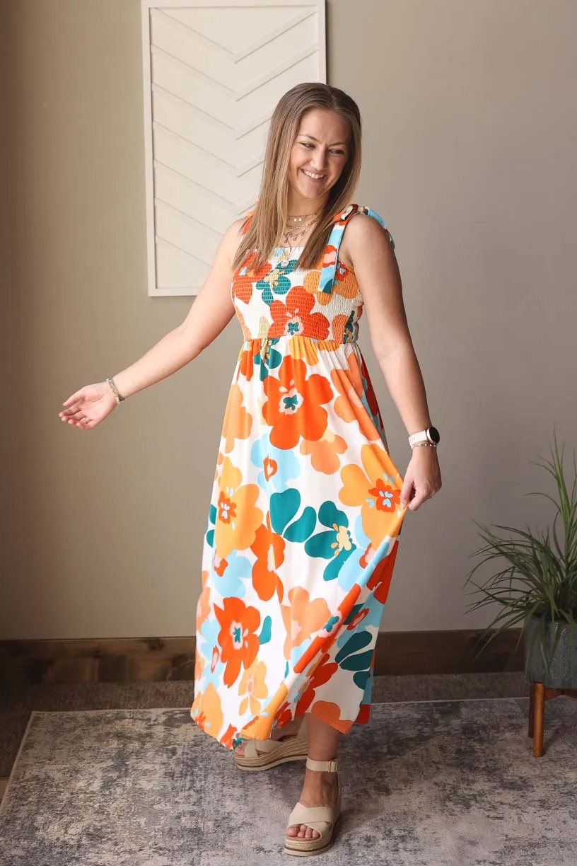 PRE-ORDER Summer Floral Self-Tie Smocked Maxi Dress