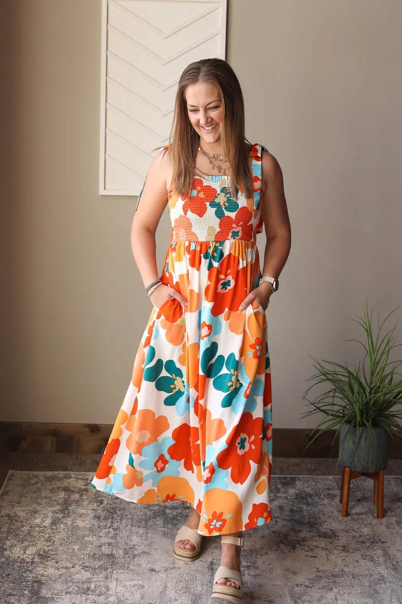 PRE-ORDER Summer Floral Self-Tie Smocked Maxi Dress