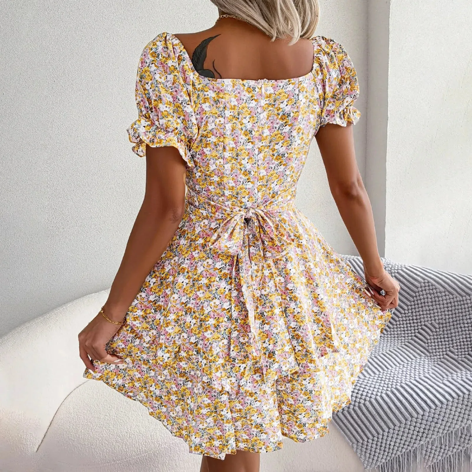 Print Square Collar Lace-up Waist Tight High-Waist Sweet Style Puff Sleeve Chic Casual Floral Dress