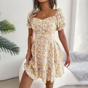 Print Square Collar Lace-up Waist Tight High-Waist Sweet Style Puff Sleeve Chic Casual Floral Dress