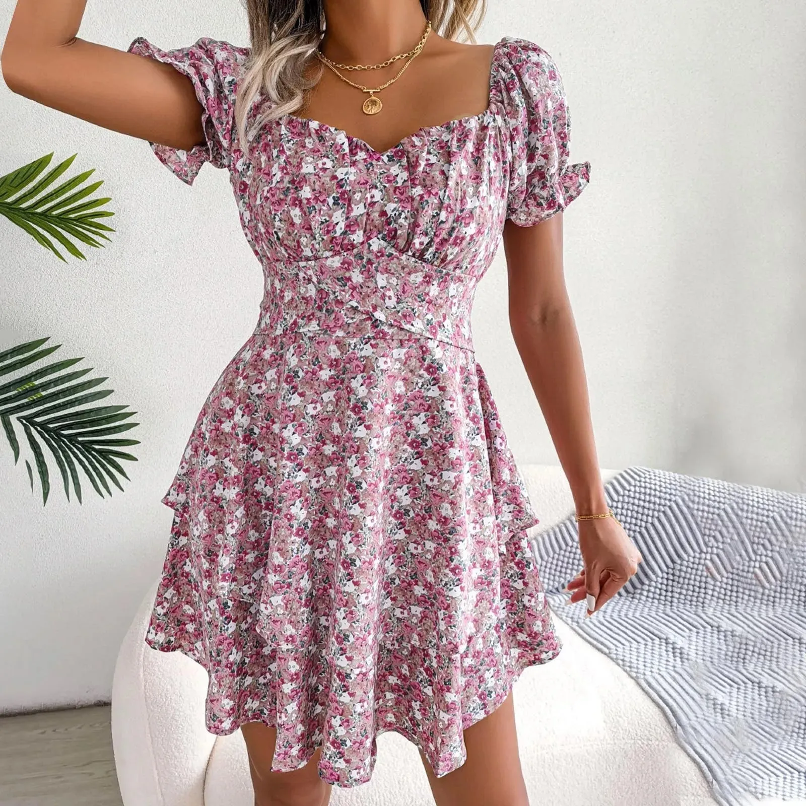 Print Square Collar Lace-up Waist Tight High-Waist Sweet Style Puff Sleeve Chic Casual Floral Dress