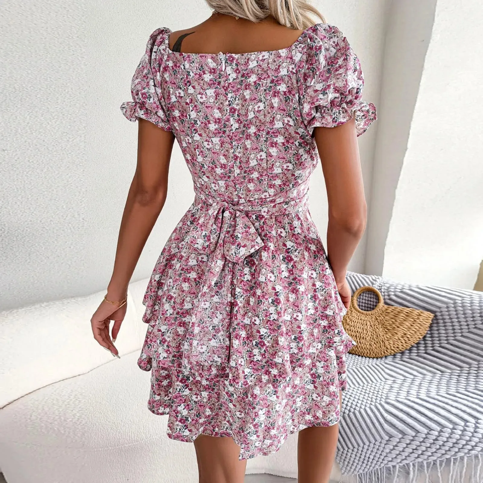 Print Square Collar Lace-up Waist Tight High-Waist Sweet Style Puff Sleeve Chic Casual Floral Dress