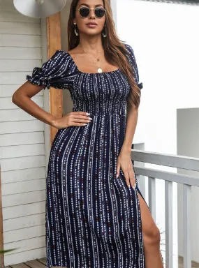 Printed Bubble Sleeve Rayon Dress