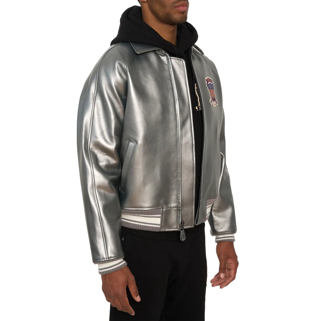 Purchase Best Style Of Metallic Silver Of Fashion Bomber Leather Jackets For Mens