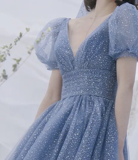 Retro Princess Puff Sleeves Starry Blue Prom Evening Dress