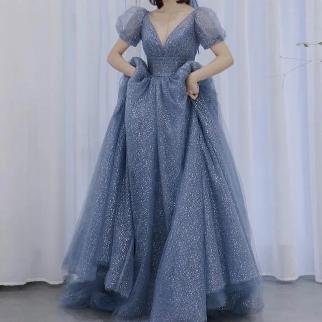 Retro Princess Puff Sleeves Starry Blue Prom Evening Dress