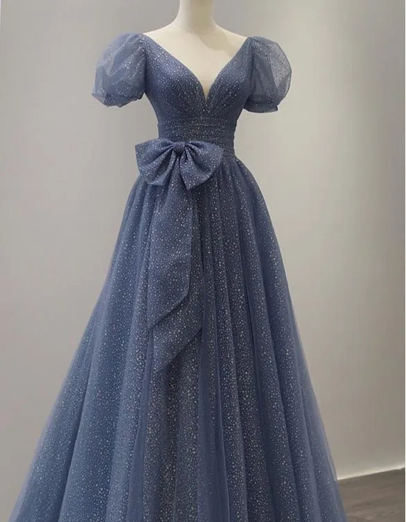 Retro Princess Puff Sleeves Starry Blue Prom Evening Dress