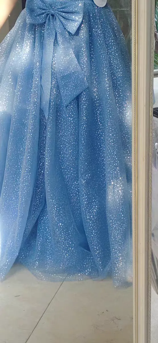 Retro Princess Puff Sleeves Starry Blue Prom Evening Dress