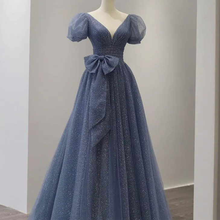 Retro Princess Puff Sleeves Starry Blue Prom Evening Dress