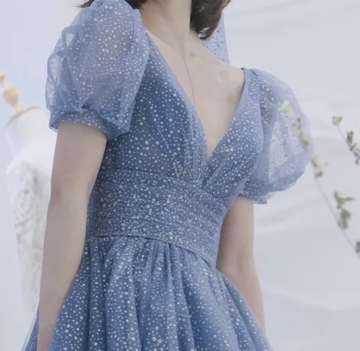 Retro Princess Puff Sleeves Starry Blue Prom Evening Dress