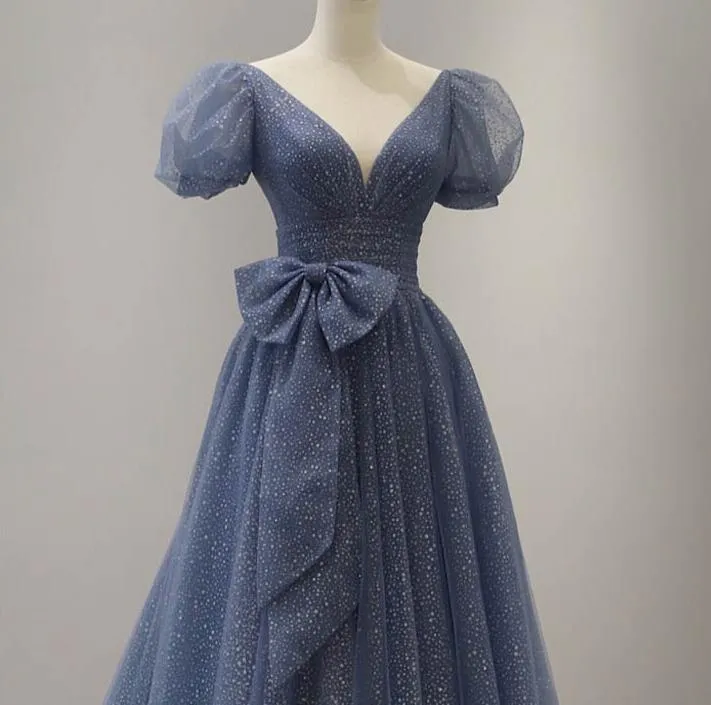 Retro Princess Puff Sleeves Starry Blue Prom Evening Dress