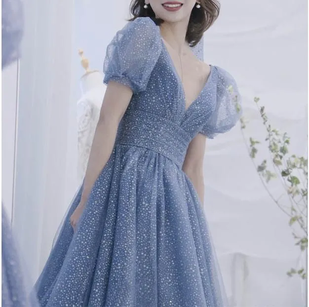 Retro Princess Puff Sleeves Starry Blue Prom Evening Dress