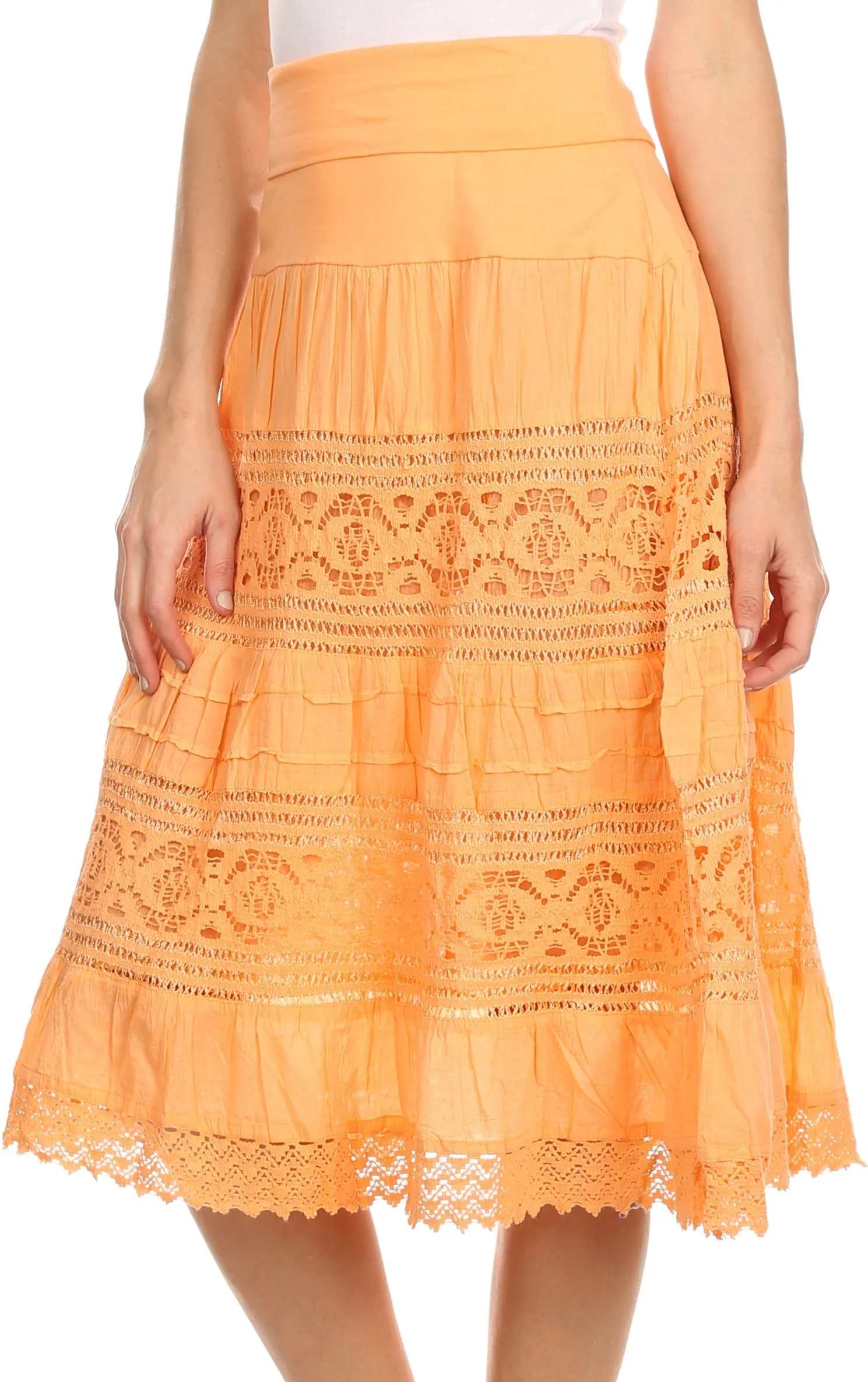 Sakkas Stephanie Crochet Lace Knee-Length Cotton Skirt with Fold-Over Waistband