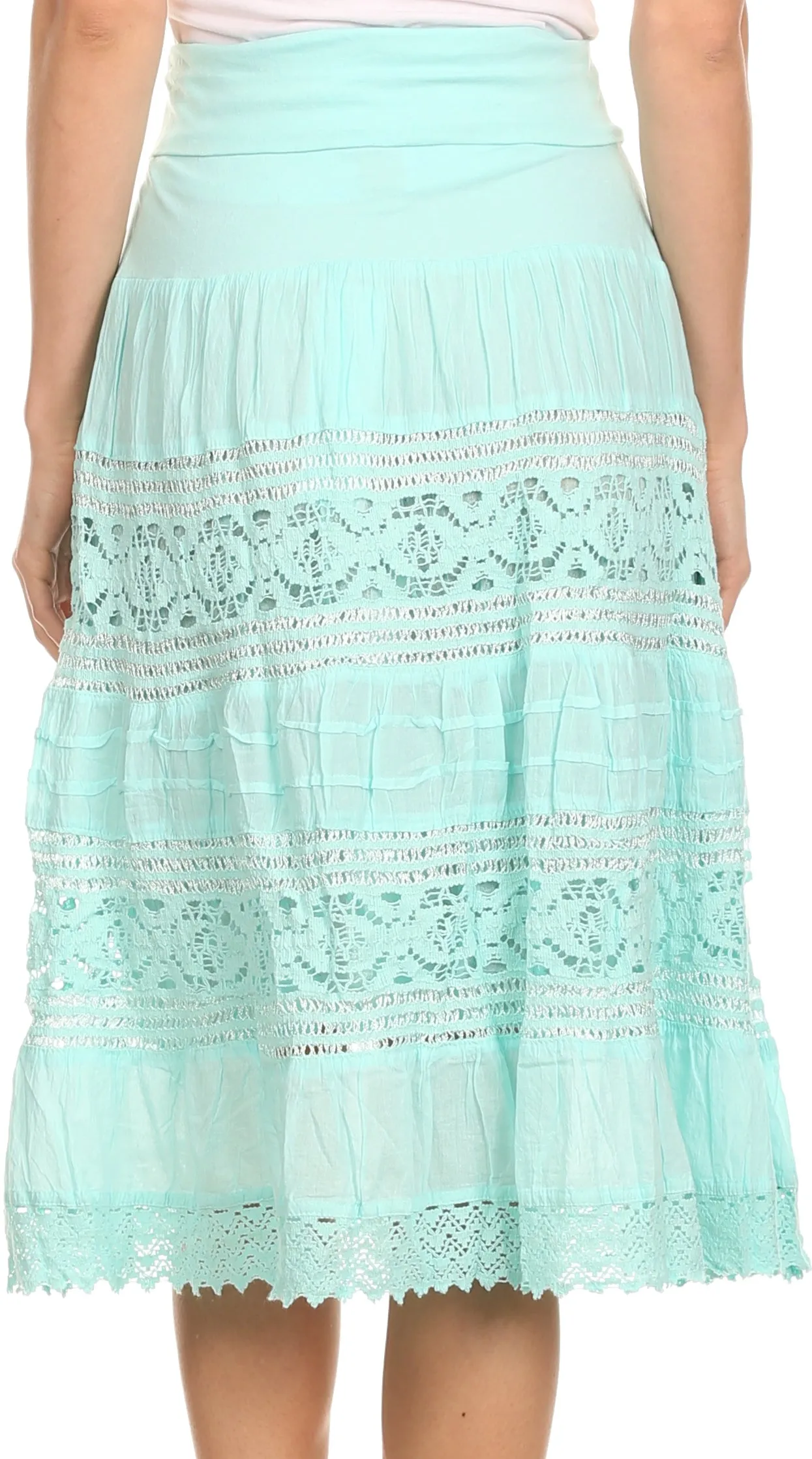 Sakkas Stephanie Crochet Lace Knee-Length Cotton Skirt with Fold-Over Waistband