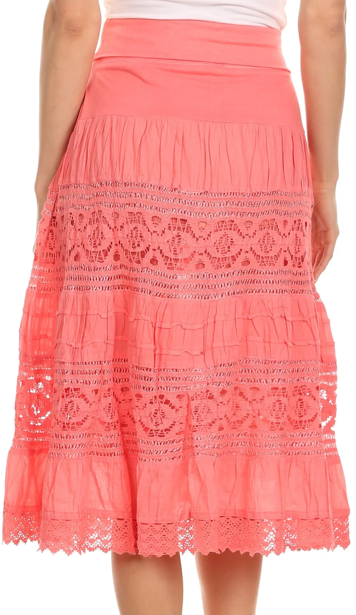 Sakkas Stephanie Crochet Lace Knee-Length Cotton Skirt with Fold-Over Waistband