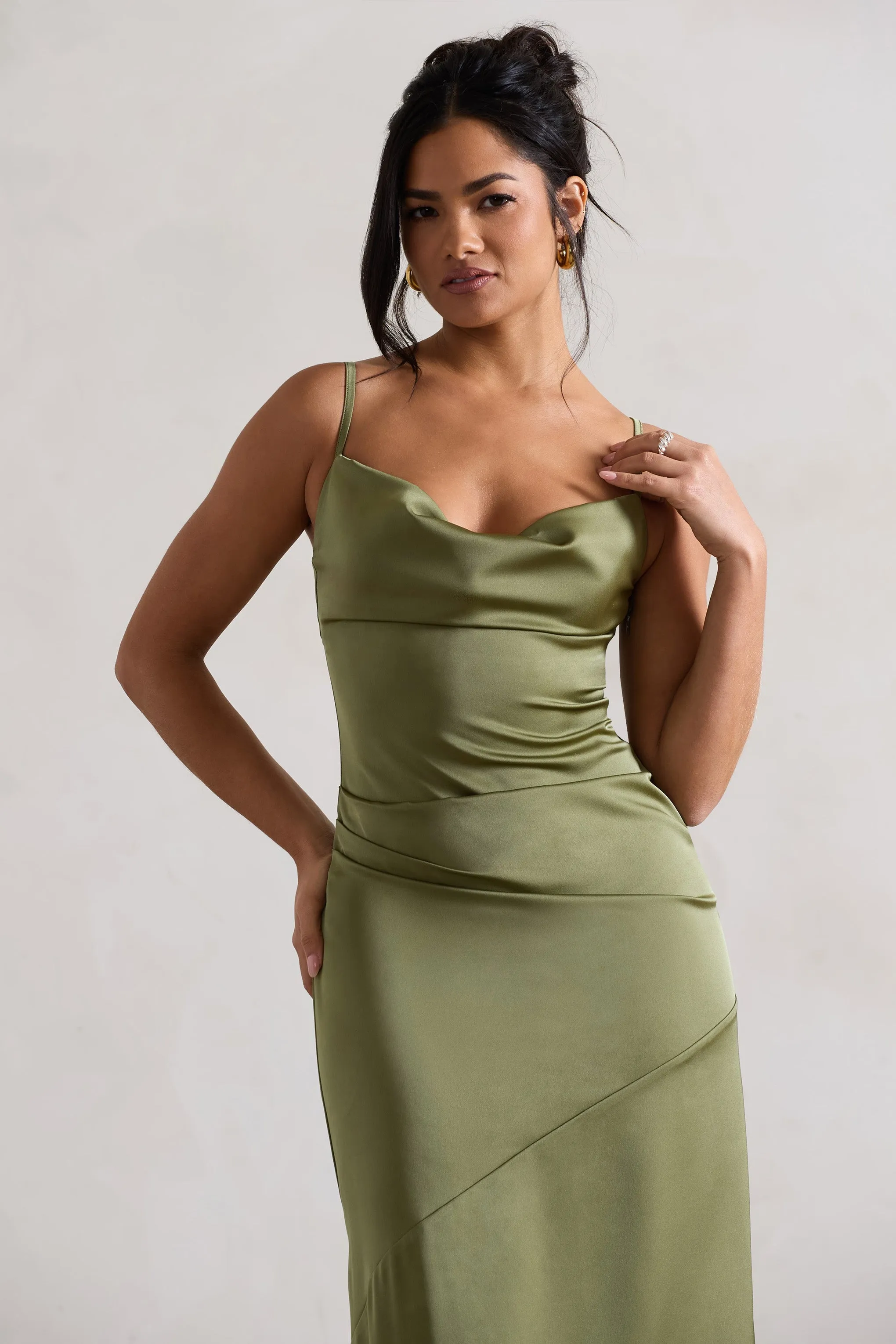 Santi | Olive Green Satin Cowl-Neck Asymmetric Maxi Dress