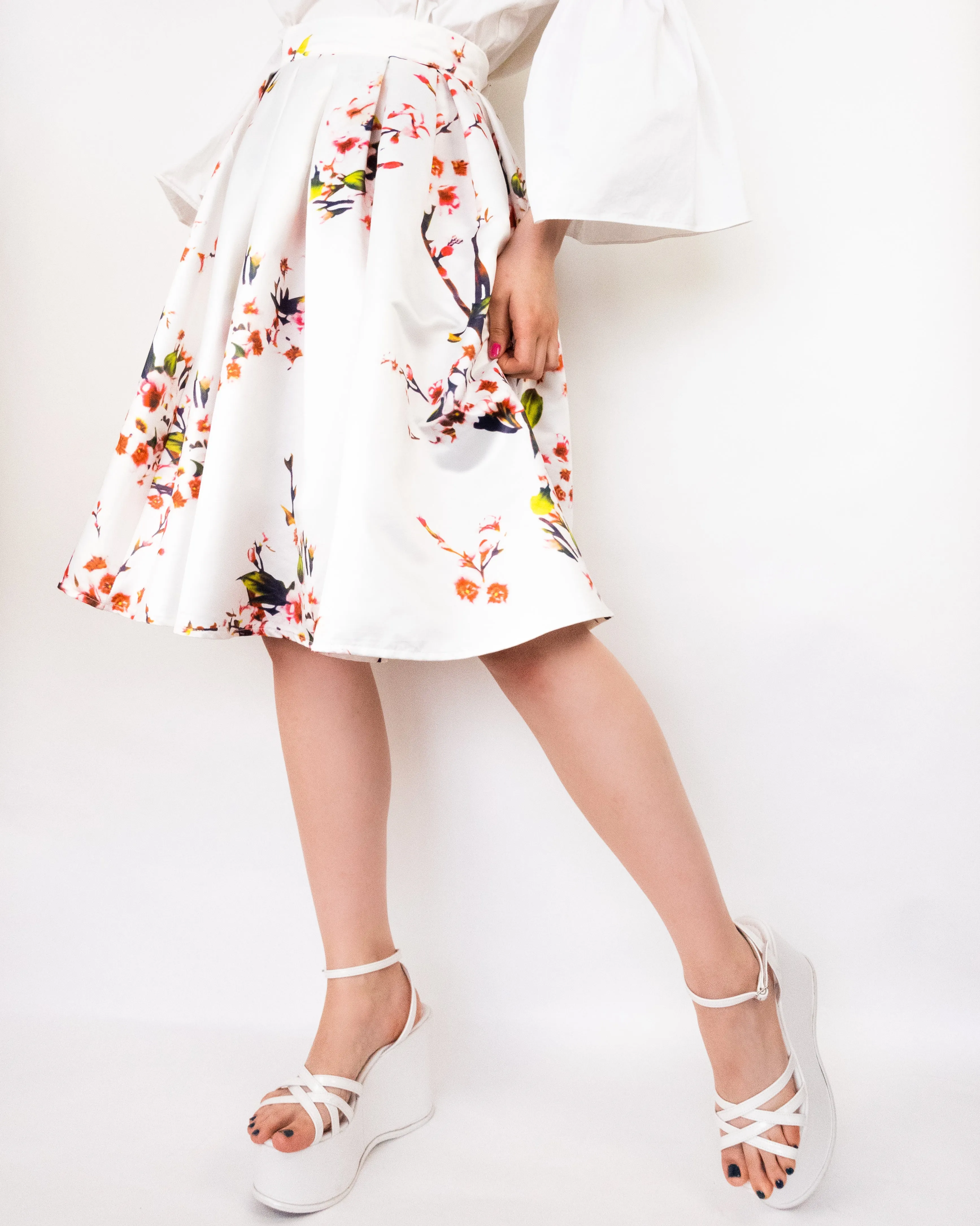 Satin Floral Skirt White