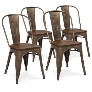 Set Of 4 Distressed Metal Dining Chairs w/ Wood Seat