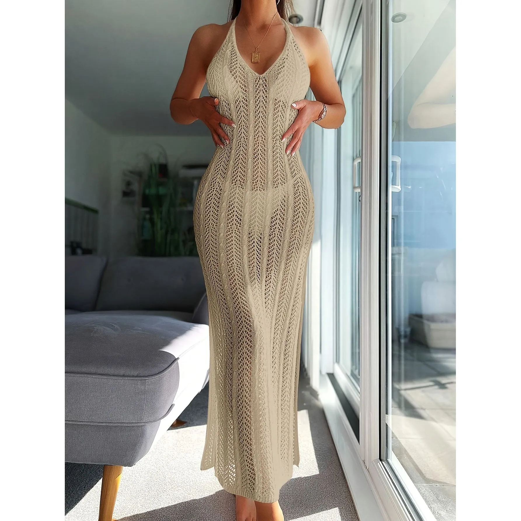 Sexy Chic Cutout Halter Long Swimsuit Coverup Dress