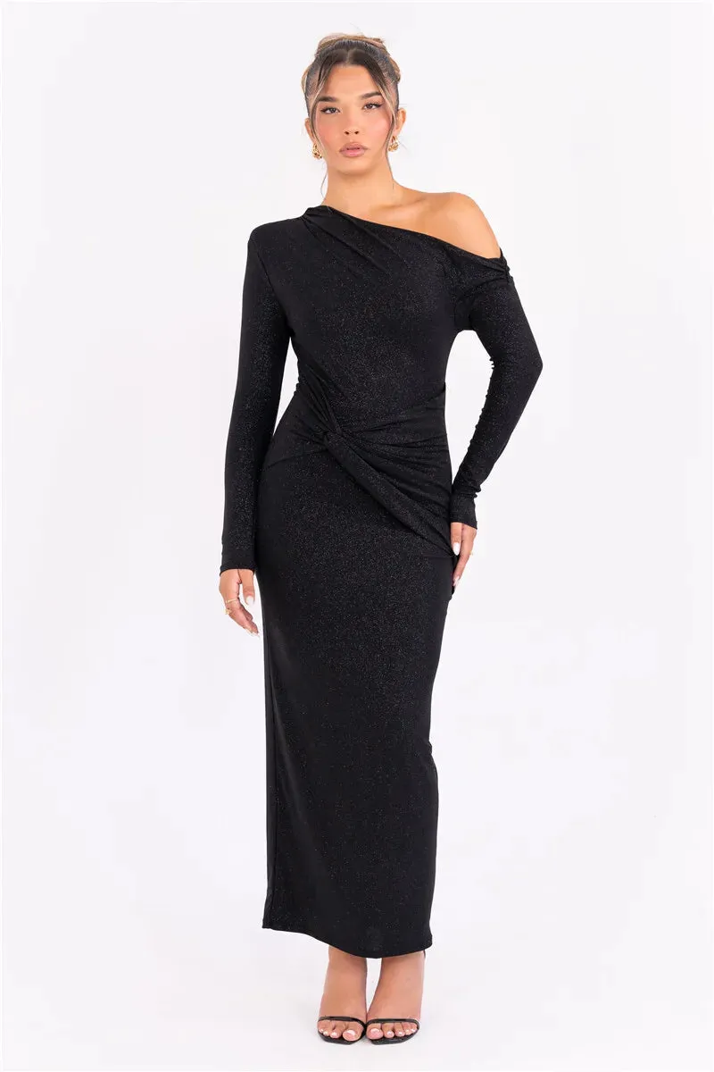 Shimmer Ruched Maxi Dress – Glam Evening Gown