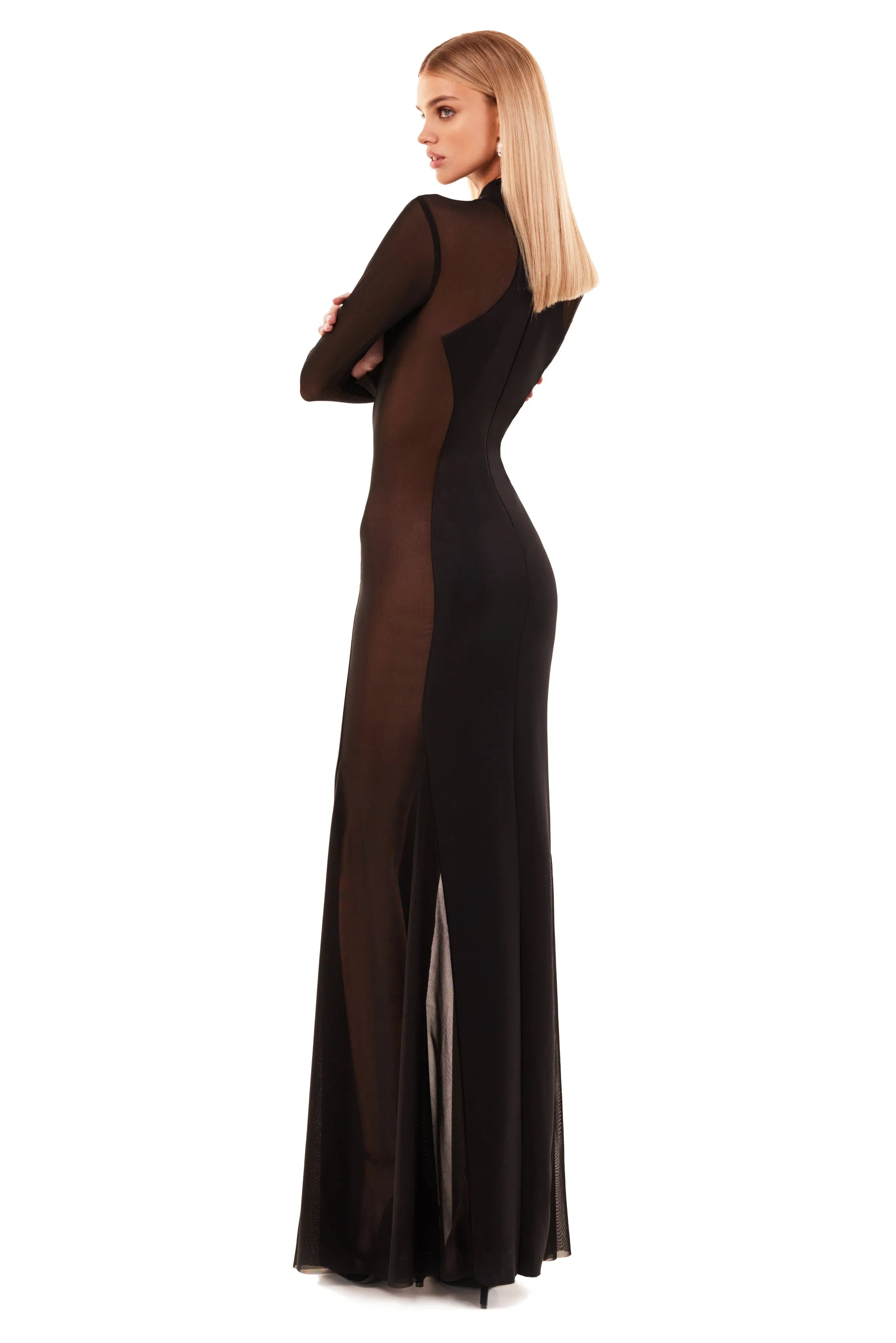 Showstopper black dress with semi-transparent inserts