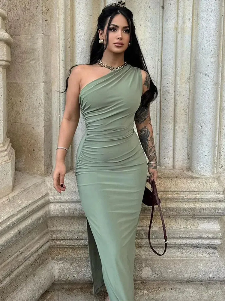 Split Fashion Solid Sleeveless Backless Slim Off Shoulder Maxi Sexy Dress